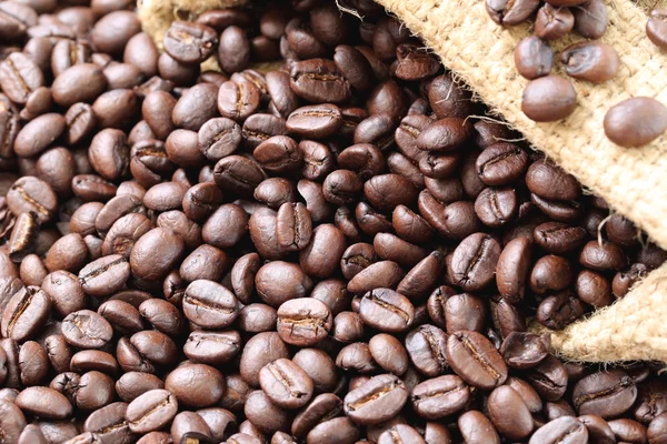 Coffee beans placed on bag sack. — Stock Photo, Image