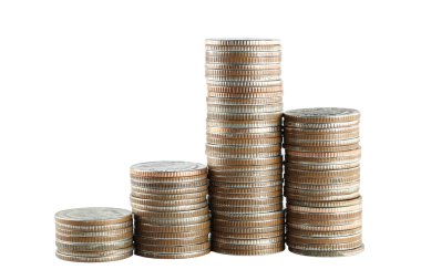 Gümüş Tayland yığını üzerinde beyaz izole paralar.