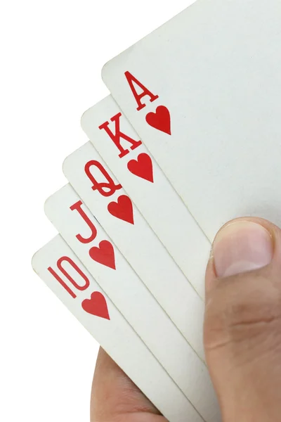 Royal flush playing cards in hand. — Stock Photo, Image