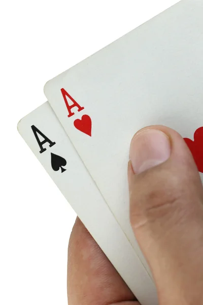 Double A playing cards in hand. — Stock Photo, Image