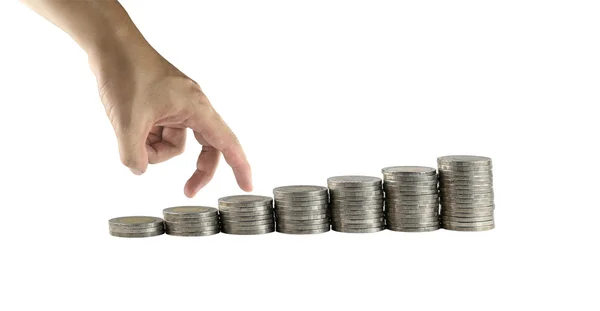 Pila de plata de Tailandia moneda y gestos de la mano están caminando . — Foto de Stock