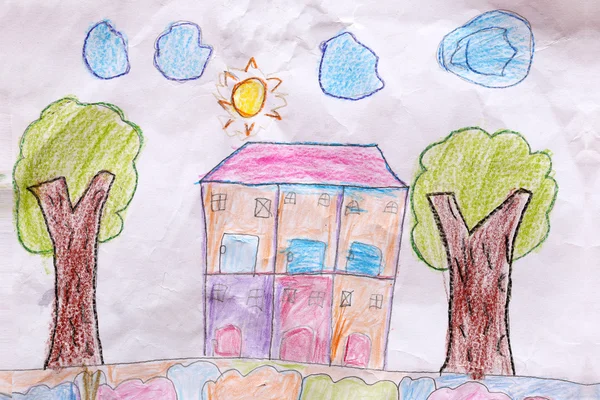 Art Crayon Painting about the town and trees. — Stock Photo, Image