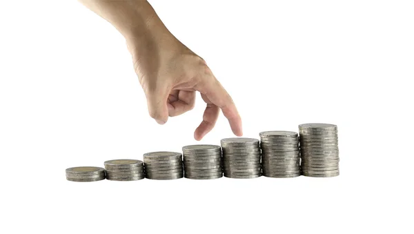 Pila de plata de Tailandia moneda y gestos de la mano están caminando . — Foto de Stock