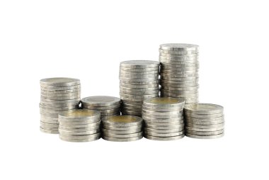 Gümüş Tayland yığını üzerinde beyaz izole paralar.