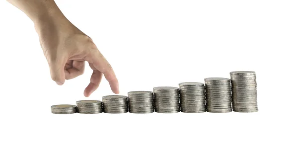 Stapel thailändischer Silbermünzen und Handgesten laufen für Geschäftskonzept. — Stockbild Stapel thailändischer Silbermünzen und Handgesten laufen. — Stockfoto