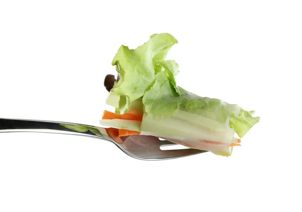Roll salad on fork isolated on white. — Stock Photo, Image