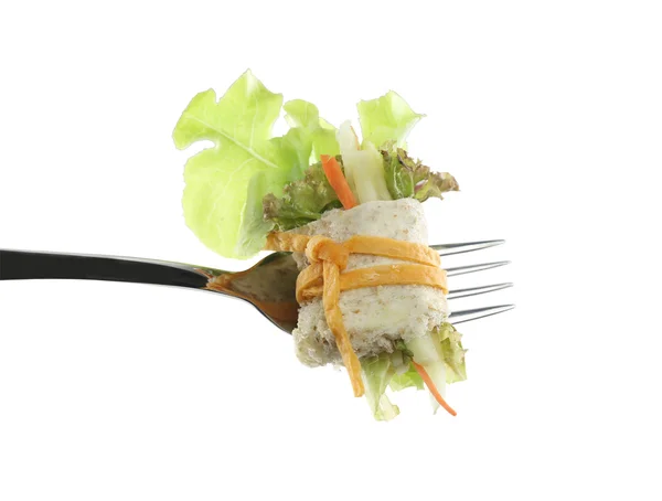 Roll salad on fork isolated on white. — Stock Photo, Image