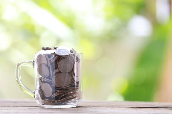 Срібна монета в склі розміщена на дерев'яній підлозі з барвистим боком — стокове фото