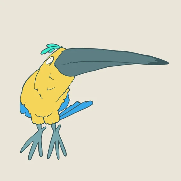 Vecteur dessiné à la main drôle perroquet ou toucan oiseau sur fond uni — Image vectorielle