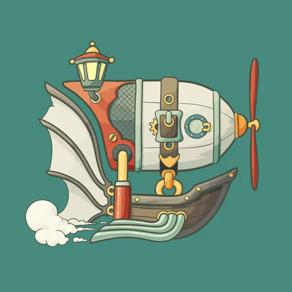 Cartoon steampunk style flying airship with baloon and propeller — стоковый вектор