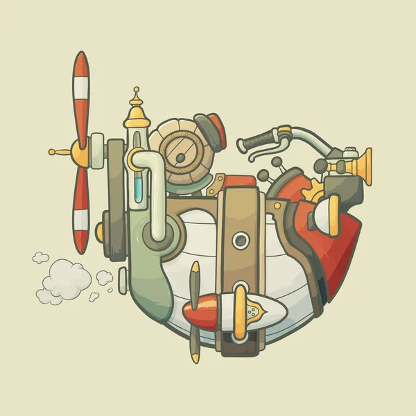 Cartoon steampunk style flying airship with propeller and wheel — стоковый вектор