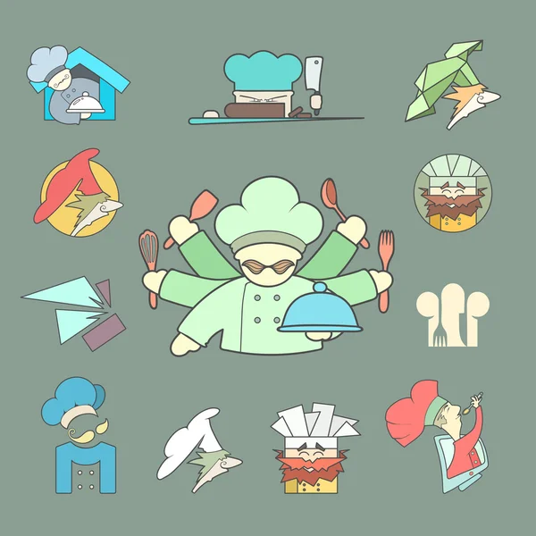 Restaurant Chef platte logo of pictogram ingesteld op donkere achtergrond — Stockvector