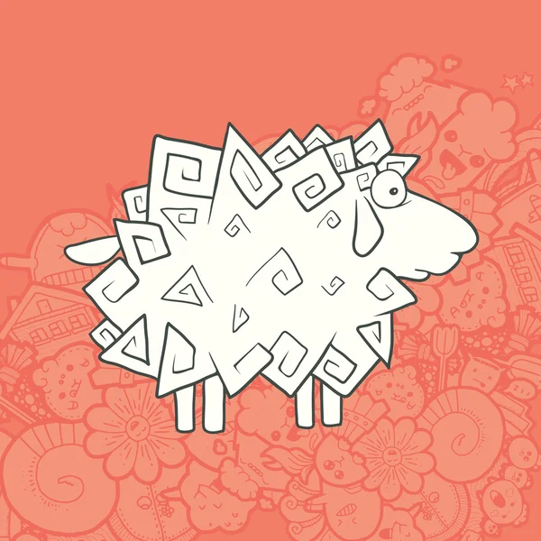 Vector Illustration Cute Hand Drawn Sheep. Greeting card New Year. — Stock Vector