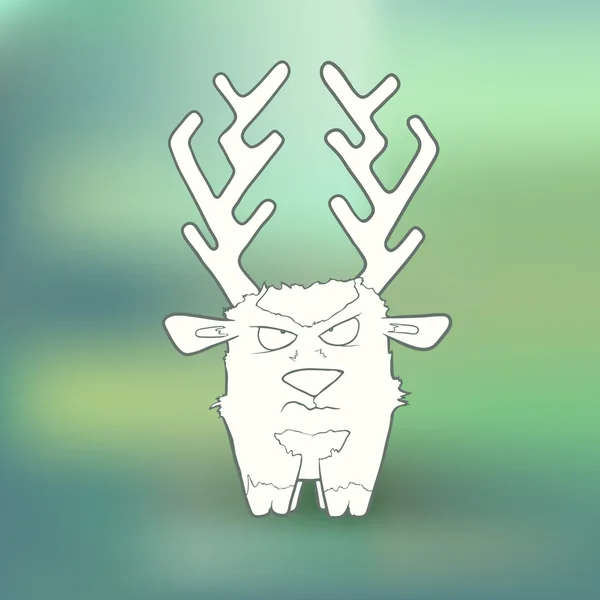 Vektorový obrázek ručně tažené rozzlobený jelen s ostrými rohy na rozmazané zelené pozadí — Stockový vektor