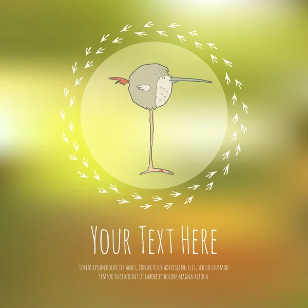 Hand dras vektor tecknad fågel på suddig bakgrund. Greeteng eller inbjudan kort med plats för din text. — Stock vektor