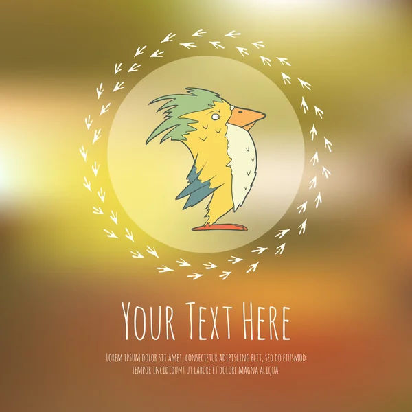 Pájaro dibujado a mano sobre fondo borroso. Greeteng o tarjeta de invitación con lugar para su texto . — Vector de stock
