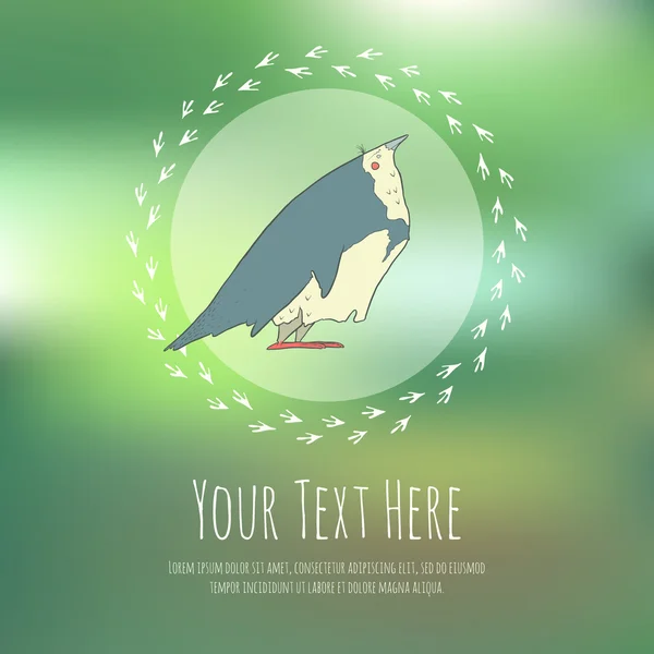 Pájaro dibujado a mano sobre fondo borroso. Greeteng o tarjeta de invitación con lugar para su texto . — Vector de stock