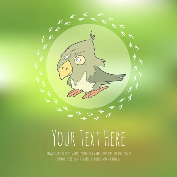Pájaro dibujado a mano sobre fondo borroso. Greeteng o tarjeta de invitación con lugar para su texto . — Vector de stock