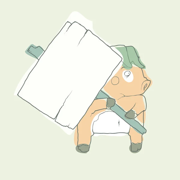 Zeichentrickfigur Schwein mit Holzposter isoliert auf weißem Hintergrund. Vektor. — Stockvektor