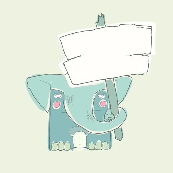 Elefante personaje de dibujos animados con cartel de madera aislado sobre fondo blanco. Vector . — Vector de stock