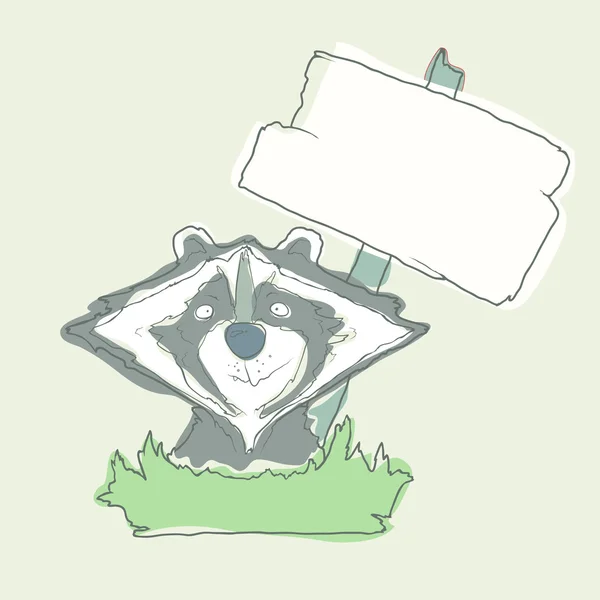 Kreslená postava Racoon s dřevěnými plakát izolované na bílém pozadí. Vektor. — Stockový vektor