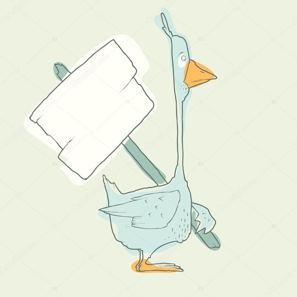 Cartoon Character Goose with wooden poster Isolated on White Background. Vector.
