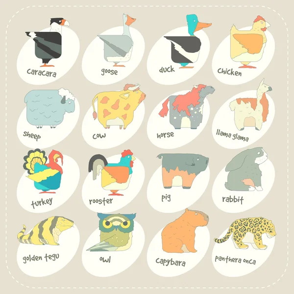 Flat design vector animals icon set. Zoo children cartoon collection. — Stock Vector