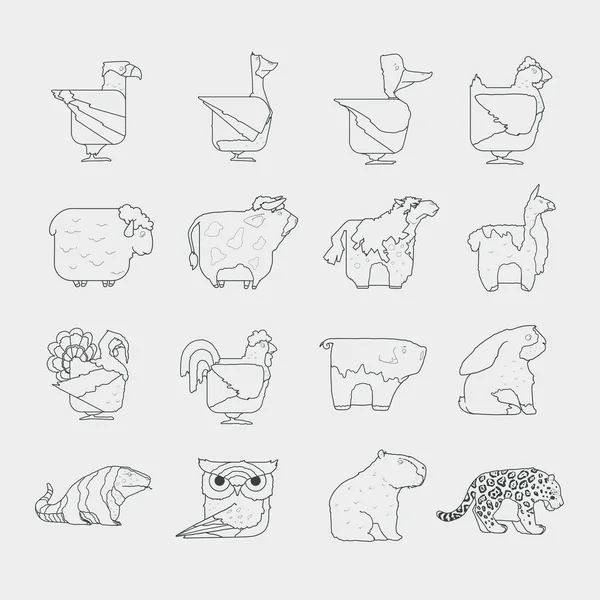 Linie design vektor zvířata sada ikon. Děti zoo karikatura kolekce. — Stockový vektor