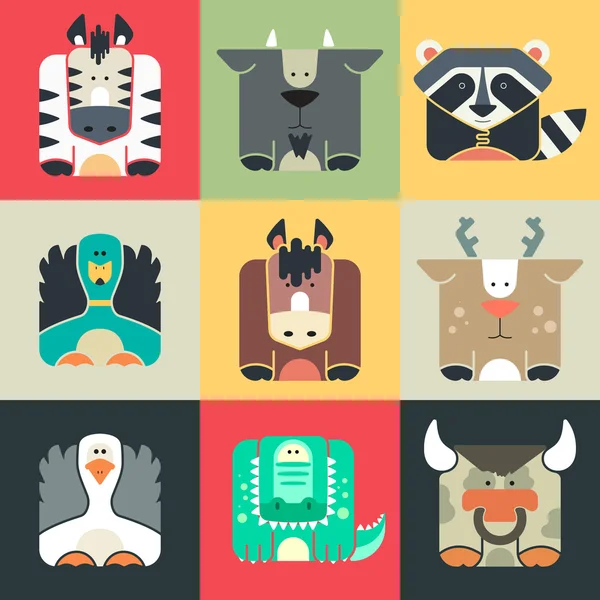 Conjunto de iconos cuadrados planos de un lindo animales — Vector de stock