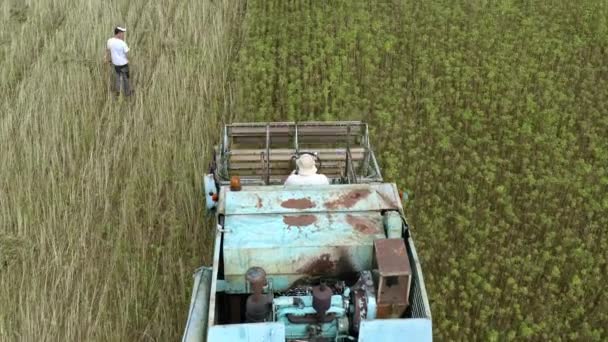 Drone view of cannabis harvester — Stock Video