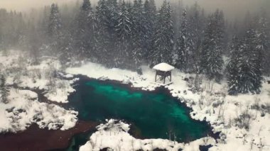 Göl kıyısında kışın havadan görünüşü.