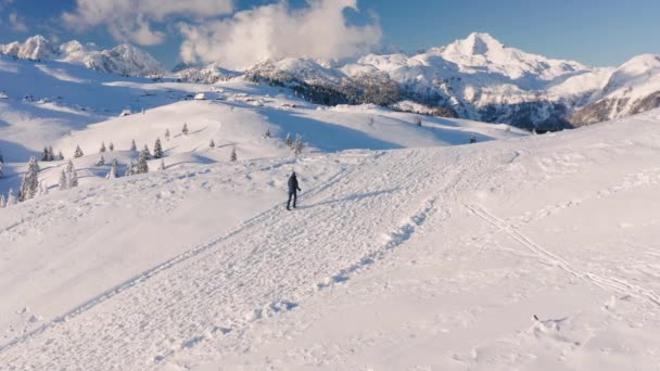 Mujer senderismo en las montañas nevadas — Vídeo de stock