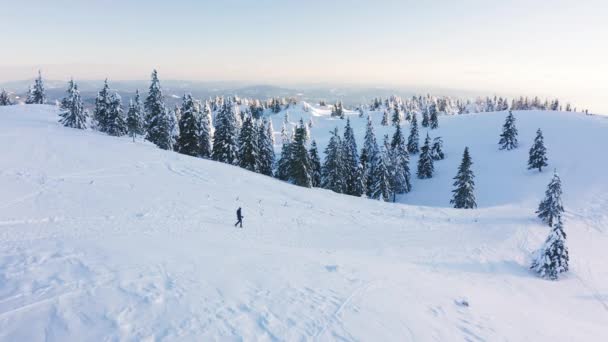 Kvinna vandring i de snöiga bergen — Stockvideo