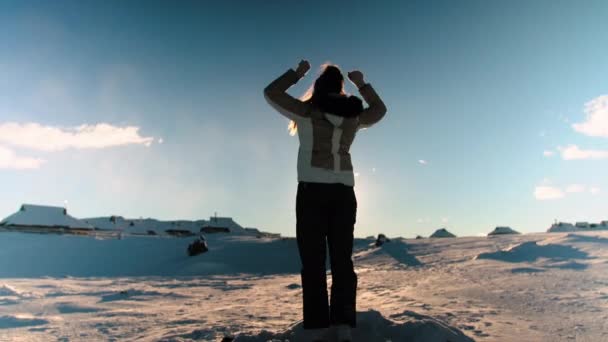 Karlı dağlarda yürüyüş yapan bir kadın — Stok video
