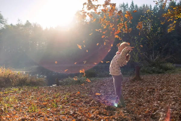 Dziecko rzucające suche liście jesienią — Zdjęcie stockowe