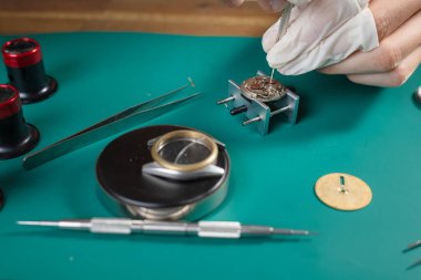 Saatçi, profesyonel bir atölye ortamında ince aletlerle bir tezgah üzerinde karmaşık bileşenleri birleştirir ve onarır..