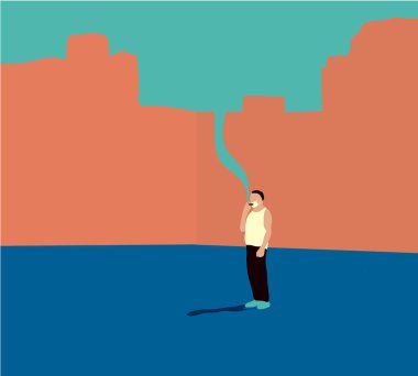 COVID-19 sırasında maskeli bir adam sokakta sigara içiyor. Sigara içmek akciğer kanseri ve diğer hastalıklara neden olur. Coronavirüs.