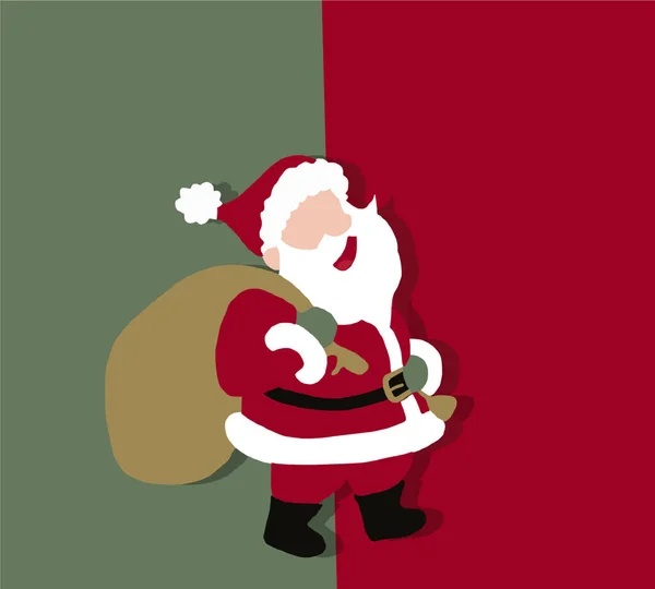 ギフト付きのサンタクロース漫画のキャラクター 緑と赤の背景にプレゼント付きのバッグ クリスマスカード バナー タグやラベルのために — ストック写真