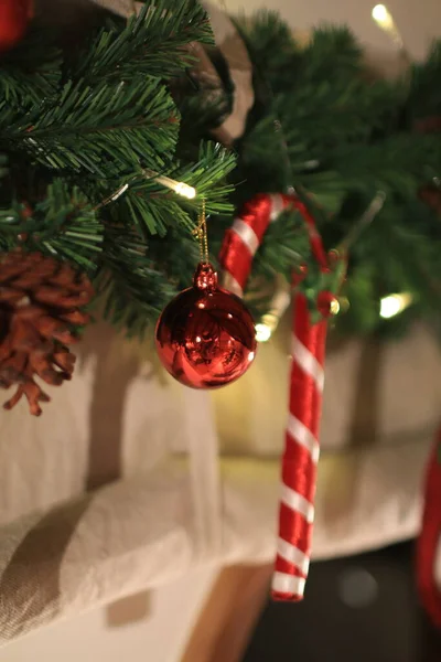 Realistic Looking Christmas Tree Branches Decorated Gold Red Balls Candy — Φωτογραφία Αρχείου