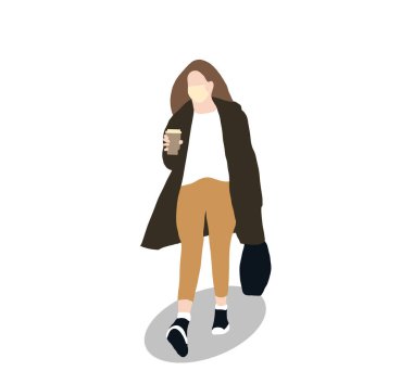 Tıbbi maskeli kadın şehir caddesinde kahve içer. Koruyucu maskeli modaya uygun hippi kız. Karantina yaşam tarzı