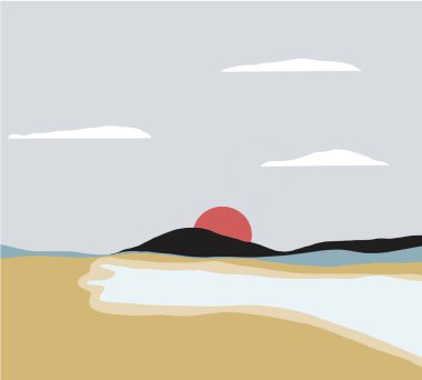 Kumsal, dağlar, deniz sahili, gün batımında okyanus. Vektör grafikleri. yaz soyut içerik modern manzara afişi illüstrasyon, arkaplan.