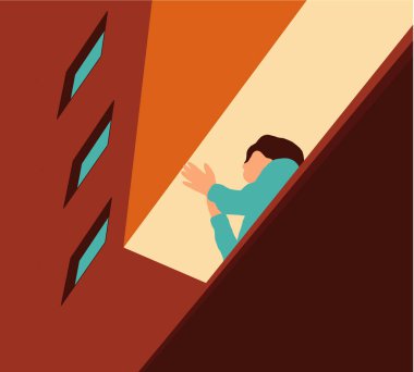 Coronavirus salgını sırasında balkondan temiz hava soluyan bir kadın. Sosyal izolasyon kavramını kaybetme.