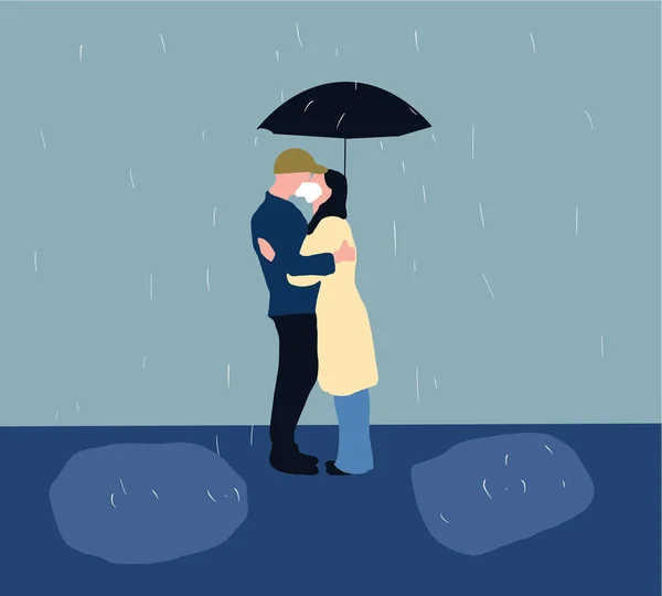 雨の日に傘の下で保護面とキスをカップル 彼らは愛に暖かい冬の服を着ている 新しい普通の生活様式 — ストック写真