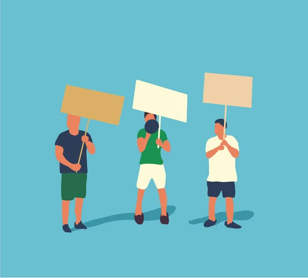 Men standing and holding blank banner. People with placards, protesting activists with loudspeakers. Working strike. Political meeting and protest vector concept isolated