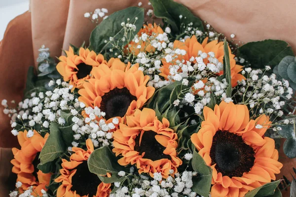 Fermer Bouquet Tournesols Les Tournesols Vivent Dans Présent Bouquet Jaune — Photo