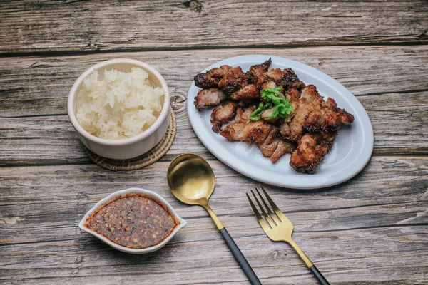 Grilled Pork Neck Spicy Sauce Steamed Sticky Rice Rustic Wooden — Stock Photo, Image