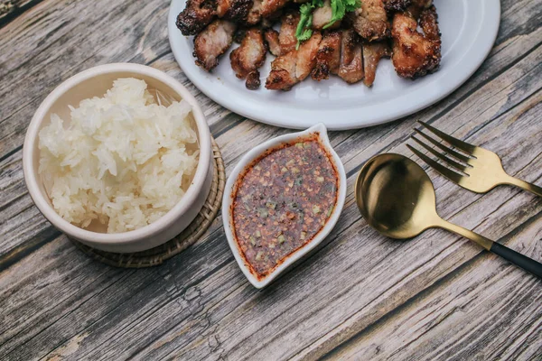 Grilled Pork Neck Spicy Sauce Steamed Sticky Rice Rustic Wooden — Stock Photo, Image