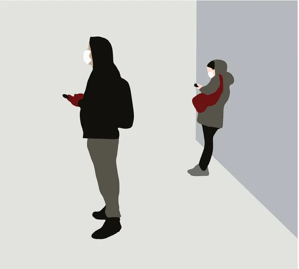 Люди Використовують Смартфон Вулиці Маскою Обличчя Вулиці Міста Векторні Ілюстрації — стокове фото