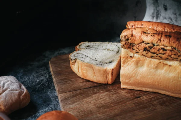 Fresh Homemade Loaf Bread Truffle Chef Holding Gold Knife Cut — Stock Photo, Image