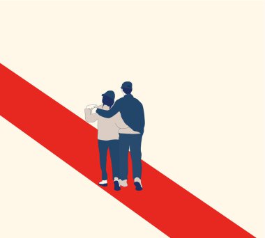 Yağmurlu şehir caddesinde yürüyen genç çiftin arka görüntüsü. Pop Art retro vektör illüstrasyon klasiği.